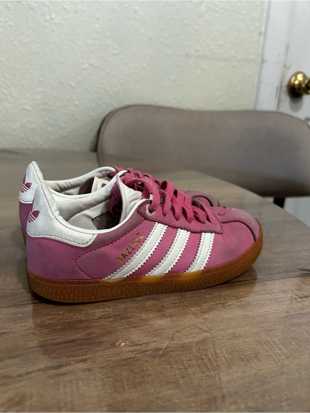 adidas Kids Gazelle Pink Suede Sneakers with White Stripes and Gum Sole